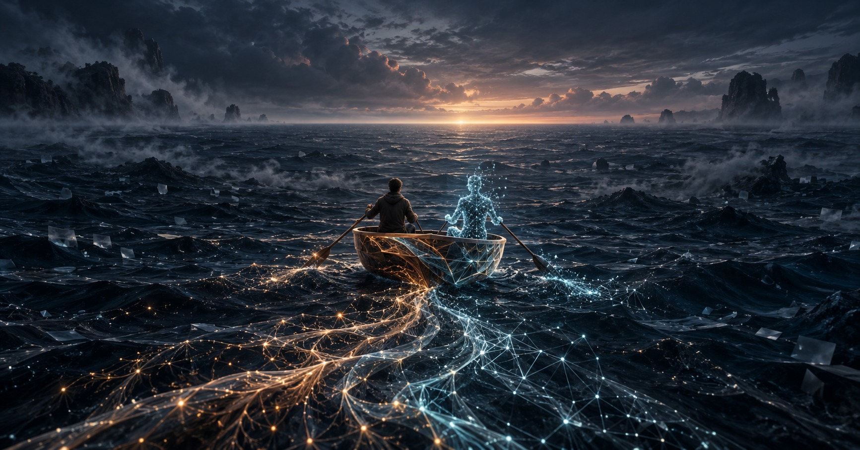 A person and a translucent figure made of light row a wooden boat together across a stormy sea toward a distant sunrise, their wakes forming intertwined gold and blue networks.